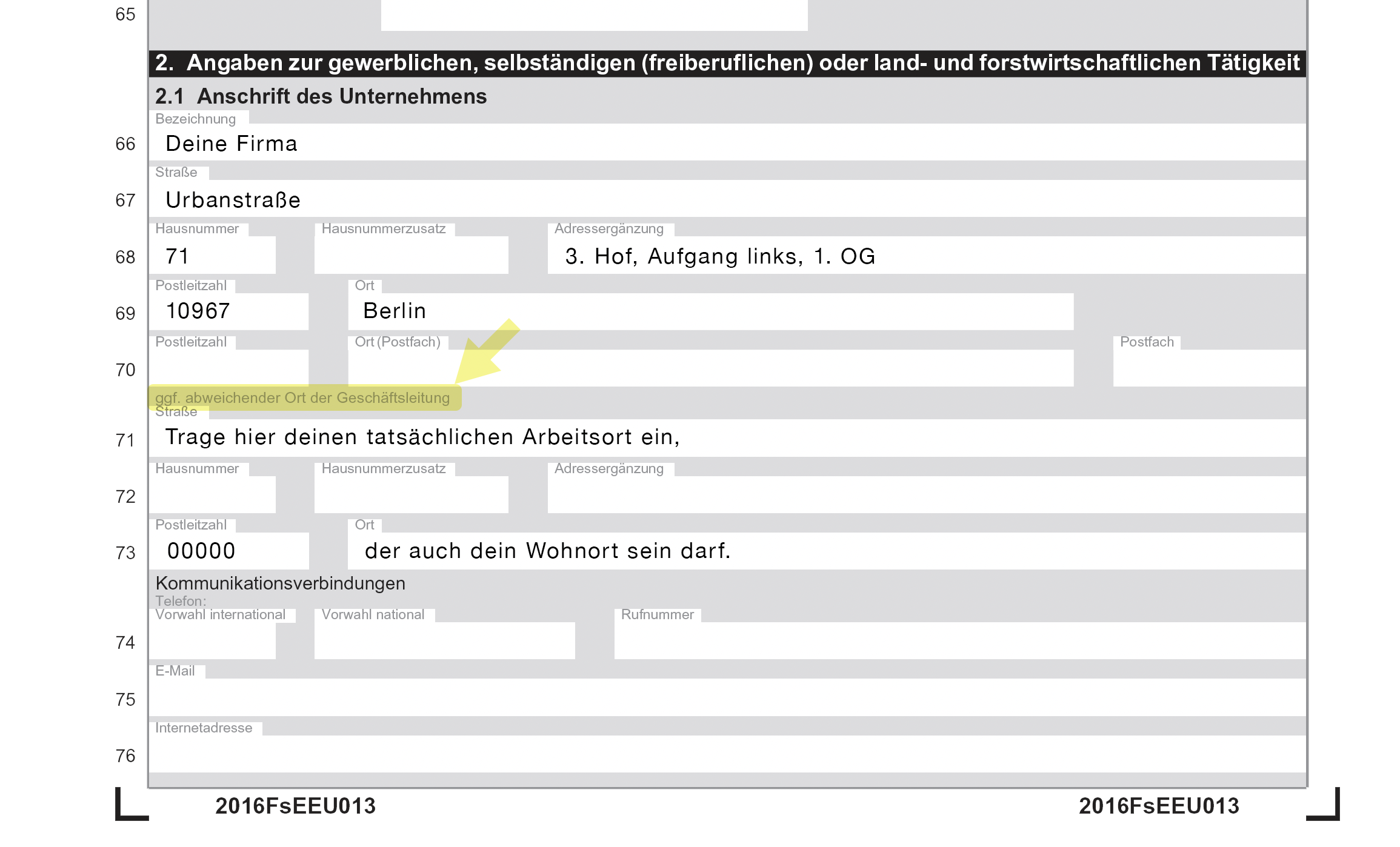 Formular Finanzamt abweichender Ort der Geschäftsleitung