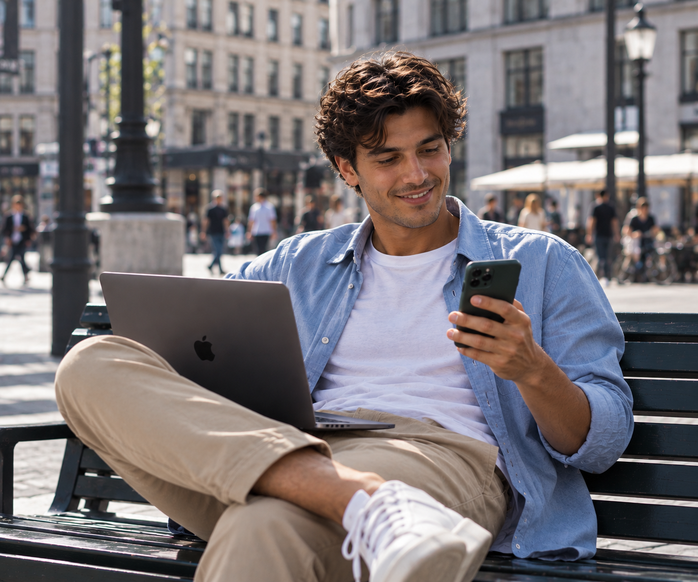 Mann auf Bank mit Computer und Handy