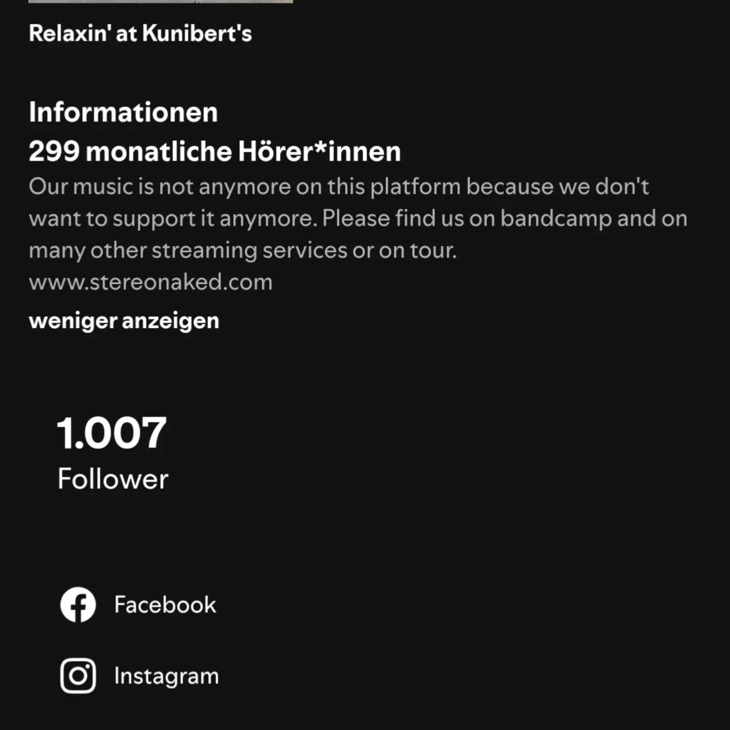 We have joined the movement of many artists who don't want to be on Spotify anymore for obvious reasons. 
We are in a short transition phase but our music is still on bandcamp and soon on all other streaming services again also. Thank you for listeni