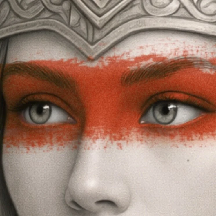 &ldquo;Her eyes are set on what has not arrived yet, calm within the waiting.
A gaze shaped by distance, trained to see further than fear.&rdquo;