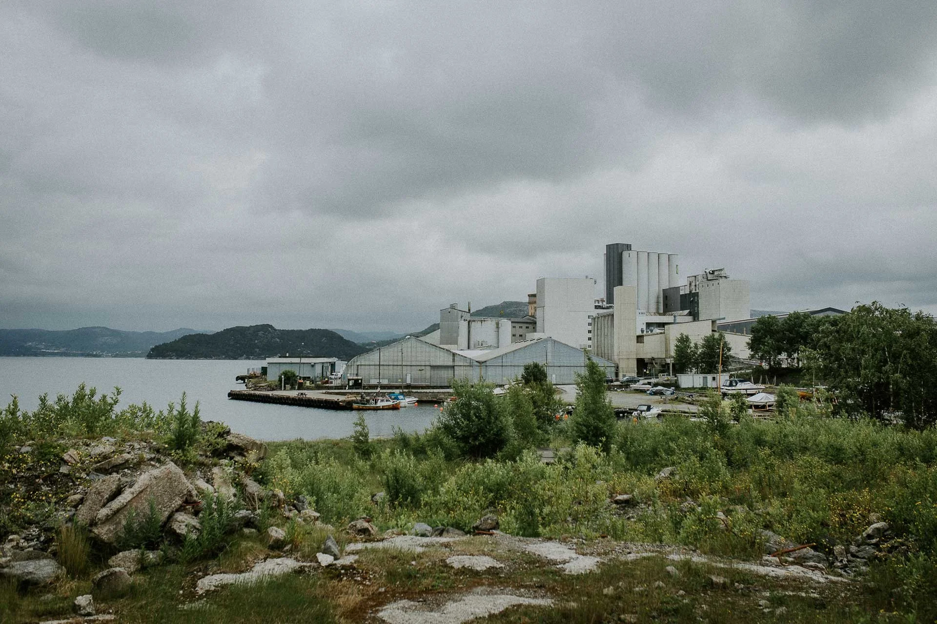 Oversiktsbilde av silo i Hillevåg med sjø grønt og berg i forgrunn fjellet Bakgrunn naturlig lys, reklamefotografering for stavanger kommune, områdesatsingen i hillevåg