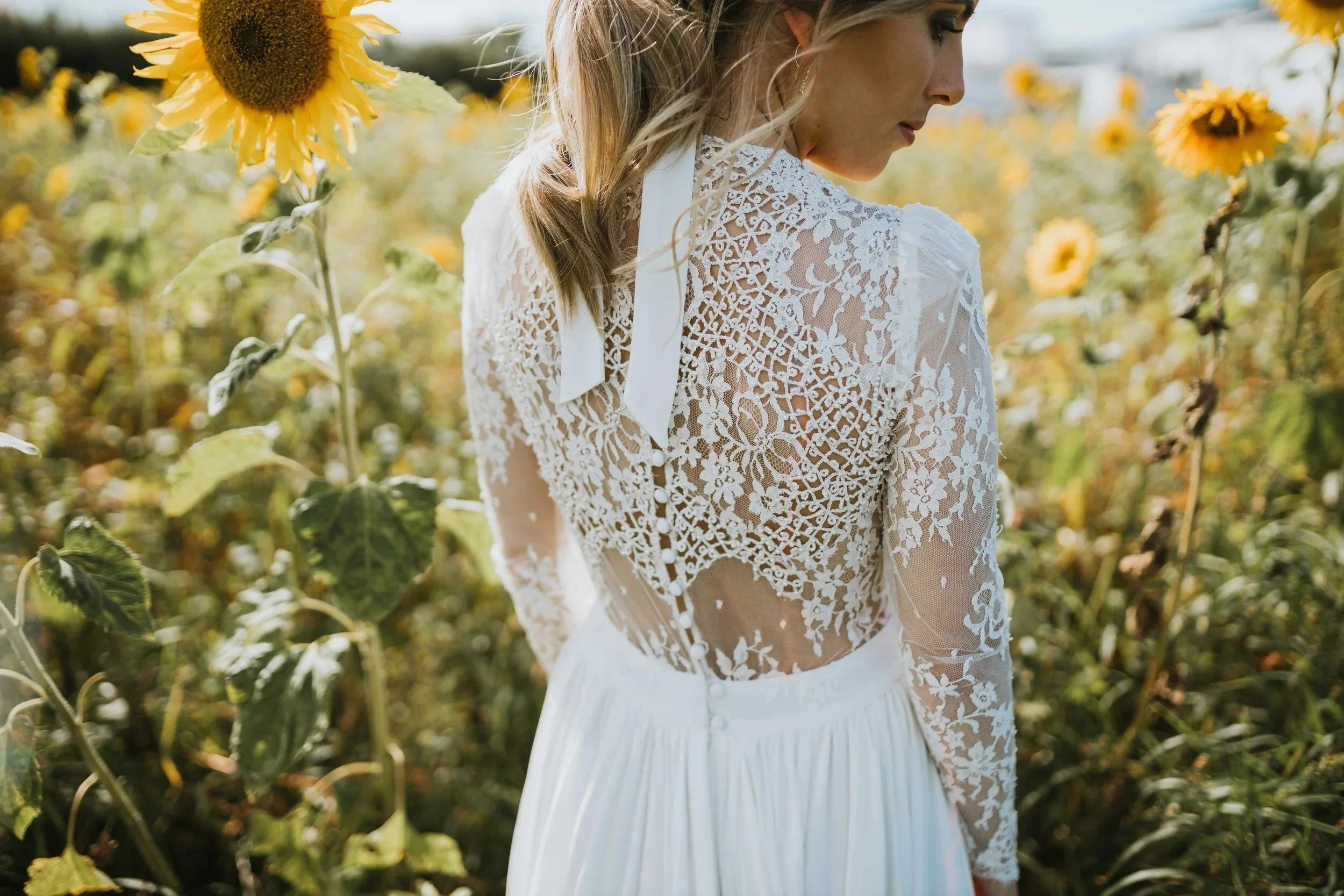 En kvinne i hvit blondekjole med sløyfe bak står i en solsikkemark.