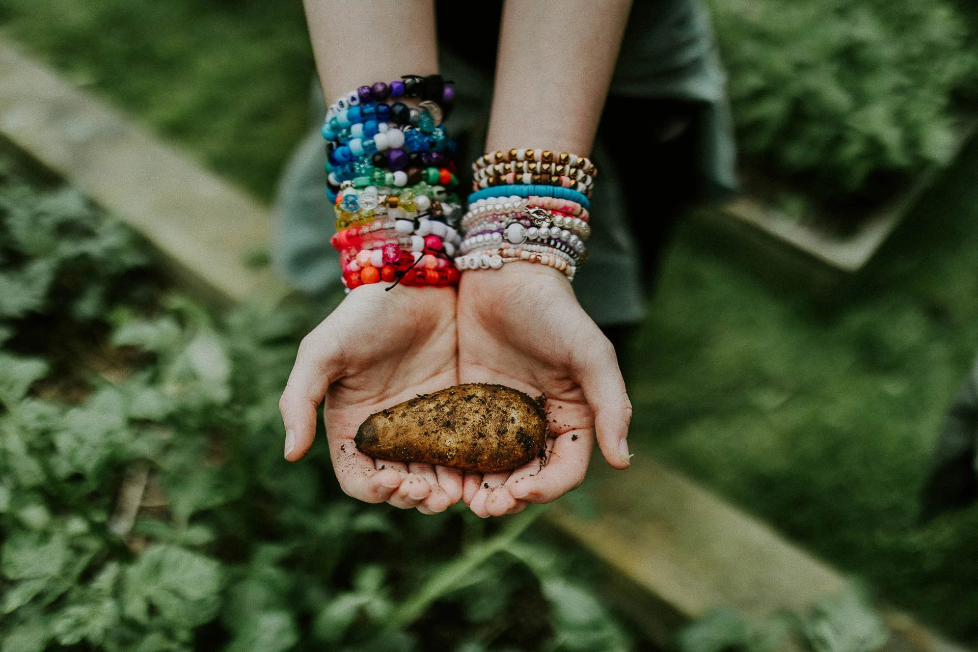Detaljbilde av hender som holder på en jordete potet i bakgrunnen ser man grønnsakene og på armene hennes så er det veldig mange armbånd i mange forskjellige farger naturlig lys, reklamefotografering for stavanger kommune, områdesatsingen i hillevåg