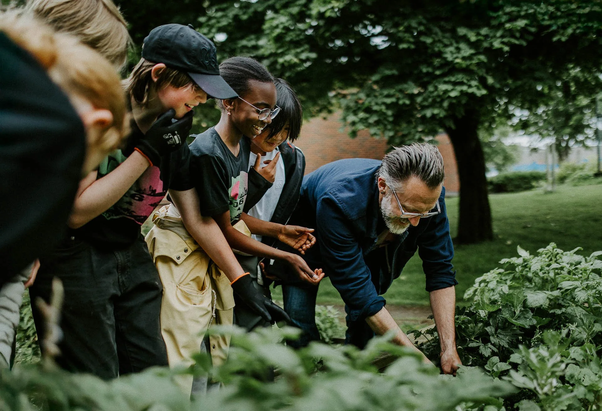 en mann, Al Greenal viser barn hva de har dyrket i grøntområde ved Kvalaberg alle smiler og ser ned mot grønnsakene engasjerte naturlig lys, reklamefotografering for stavanger kommune, områdesatsingen i hillevåg