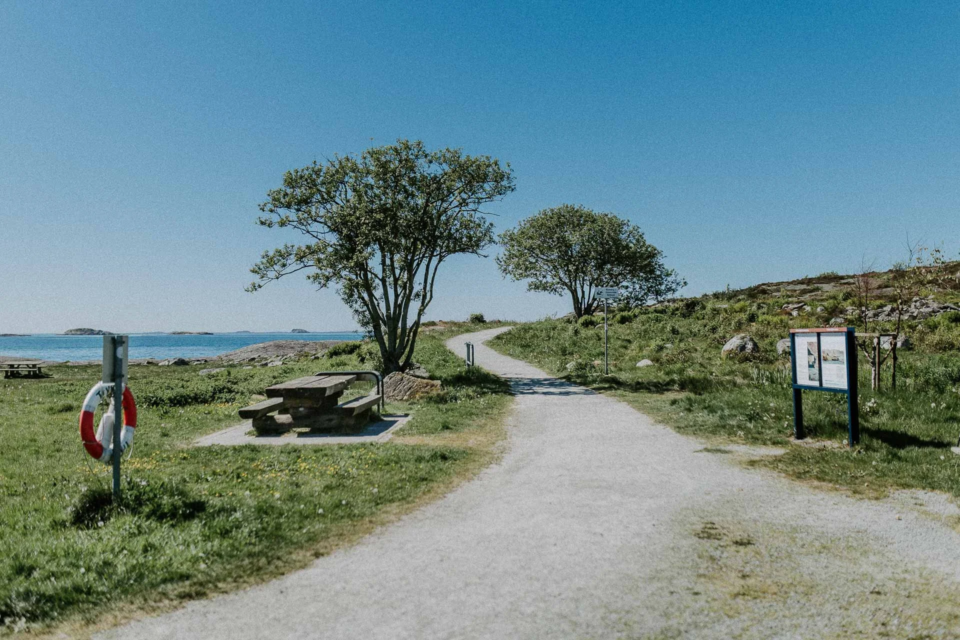 Oversiktsbilde ved sjø rednings bøye på venstre side og en plakat med informasjon på høyre side to trær bakgrunn og vei som snirkler seg innover naturlig lys, reklamefotografering for stavanger kommune, områdesatsingen på kvernevik tatt på sommeren