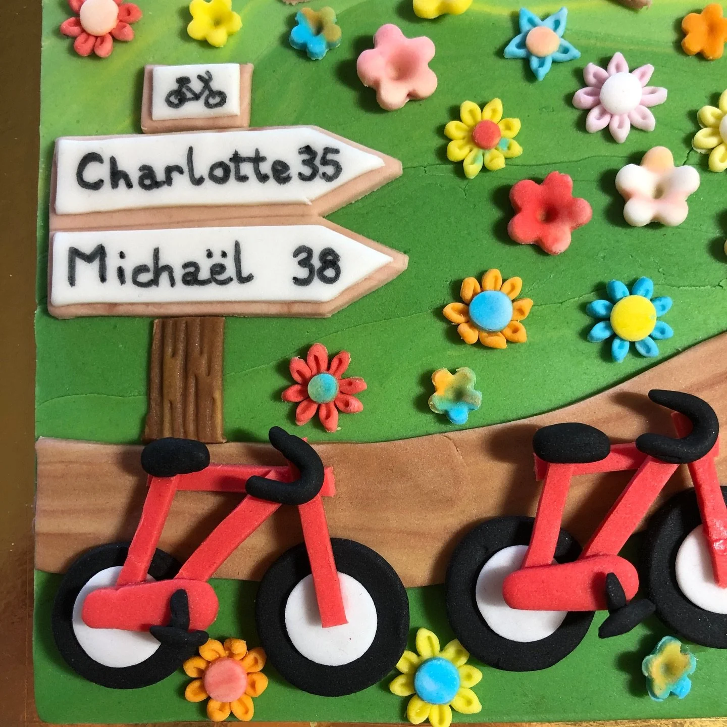 Nouveau d&eacute;fi relev&eacute; ! 
La demande : faire un entremet avec une jolie d&eacute;co pour deux anniversaires. Deux v&eacute;los, un champ de fleurs multicolores, un couch&eacute; de soleil et un panneau avec les deux pr&eacute;noms et les &