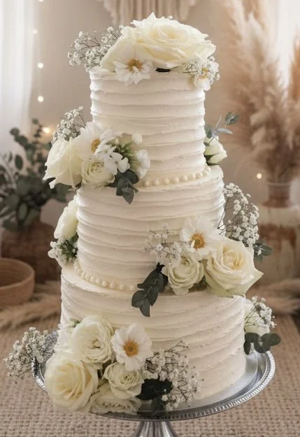 Gâteau de mariage à trois étages décoré de fleurs blanches et de petits ornements.