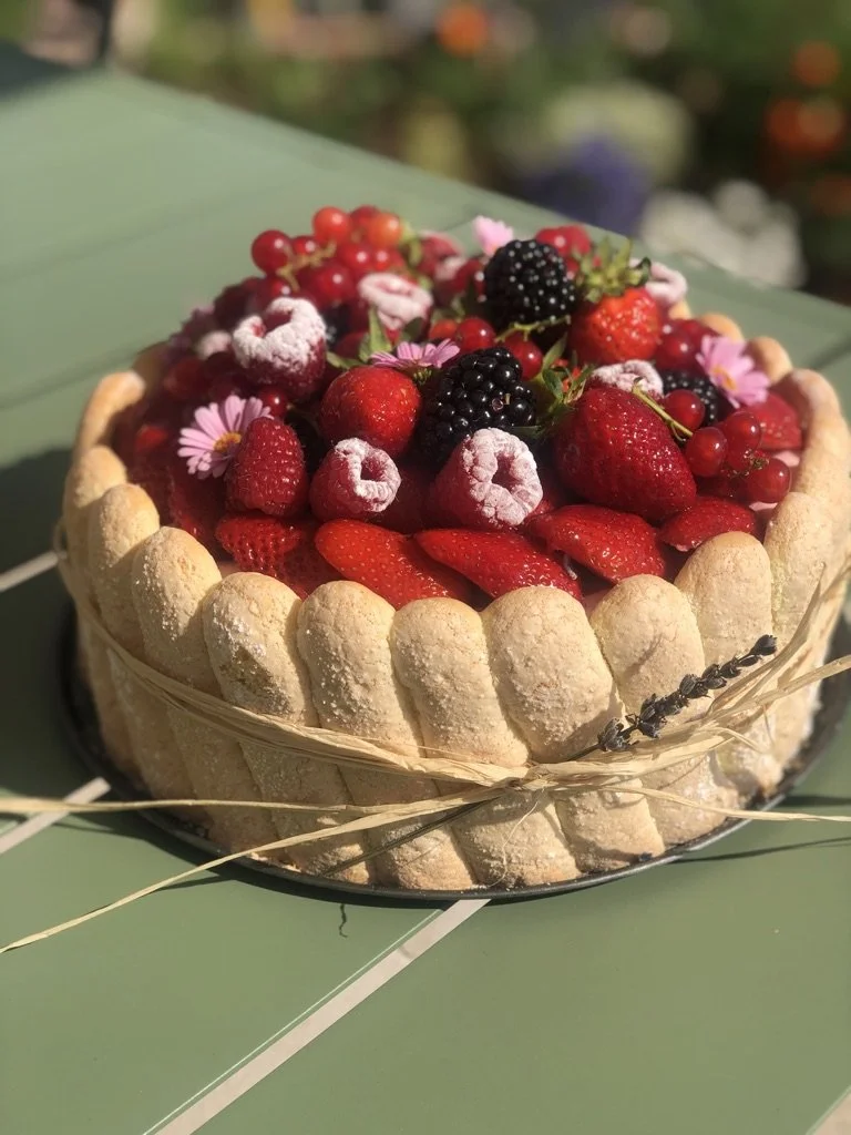 charlotte aux fruits rouges sur une table verte