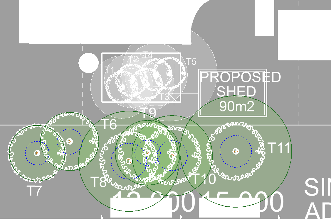 Site plan for a proposed shed measuring 90 square meters, including construction elements, trees, and layout markings.