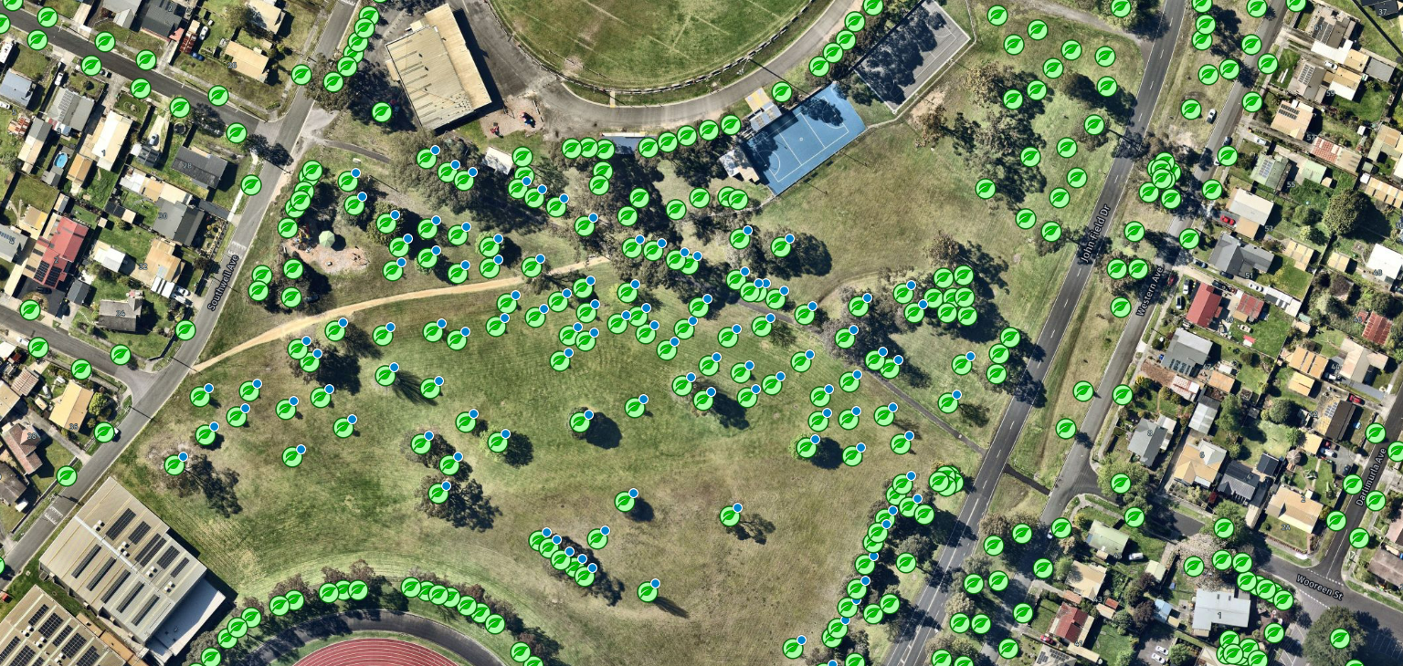 Aerial view of a park with many green and blue map markers indicating points of interest, surrounded by residential streets and houses.