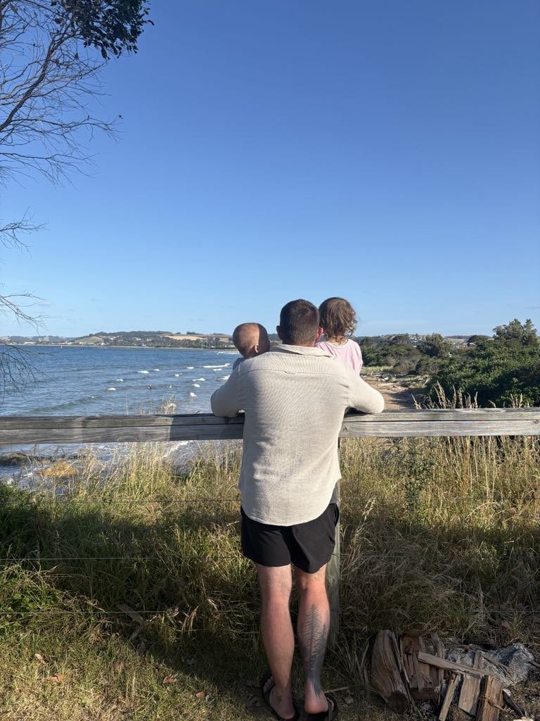 A man standing on the grass leaning on a wooden railing, looking out at a beach and ocean, with two children sitting on his shoulders, facing the water. The scene is sunny with clear blue skies, and there are trees and bushes nearby.