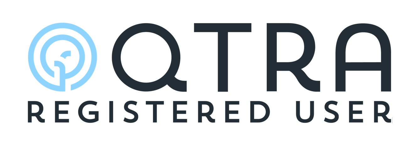 QTRA Registered User logo with a circular maze icon in blue and black text