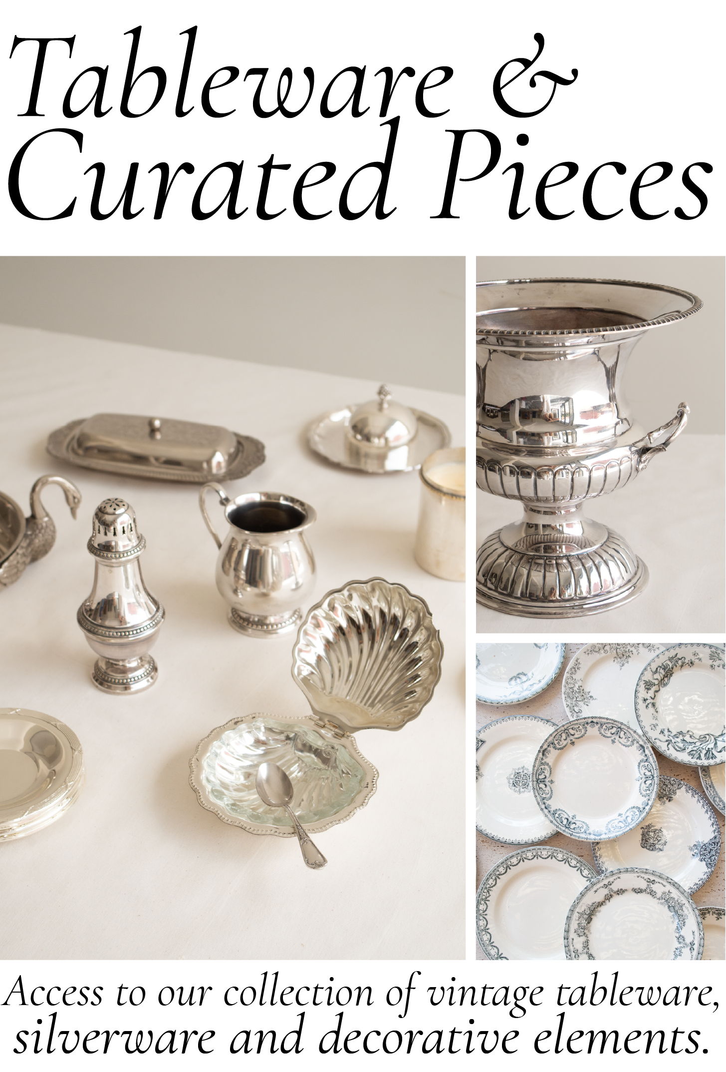 Location d'argenterie ancienne — théière, plats couverts et assiettes décoratives à Marrakech