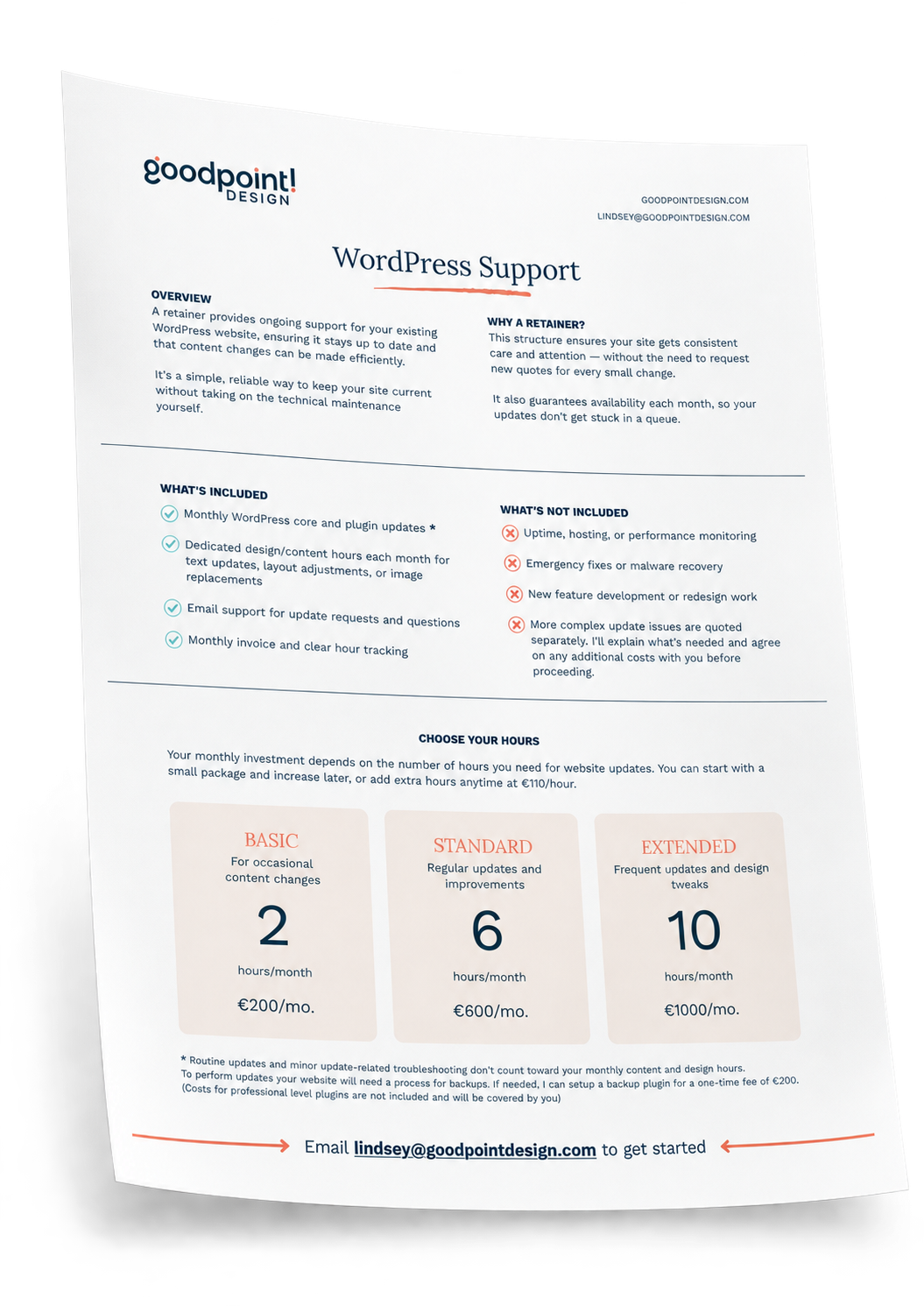 Goodpoint Design WordPress support Services Sheet