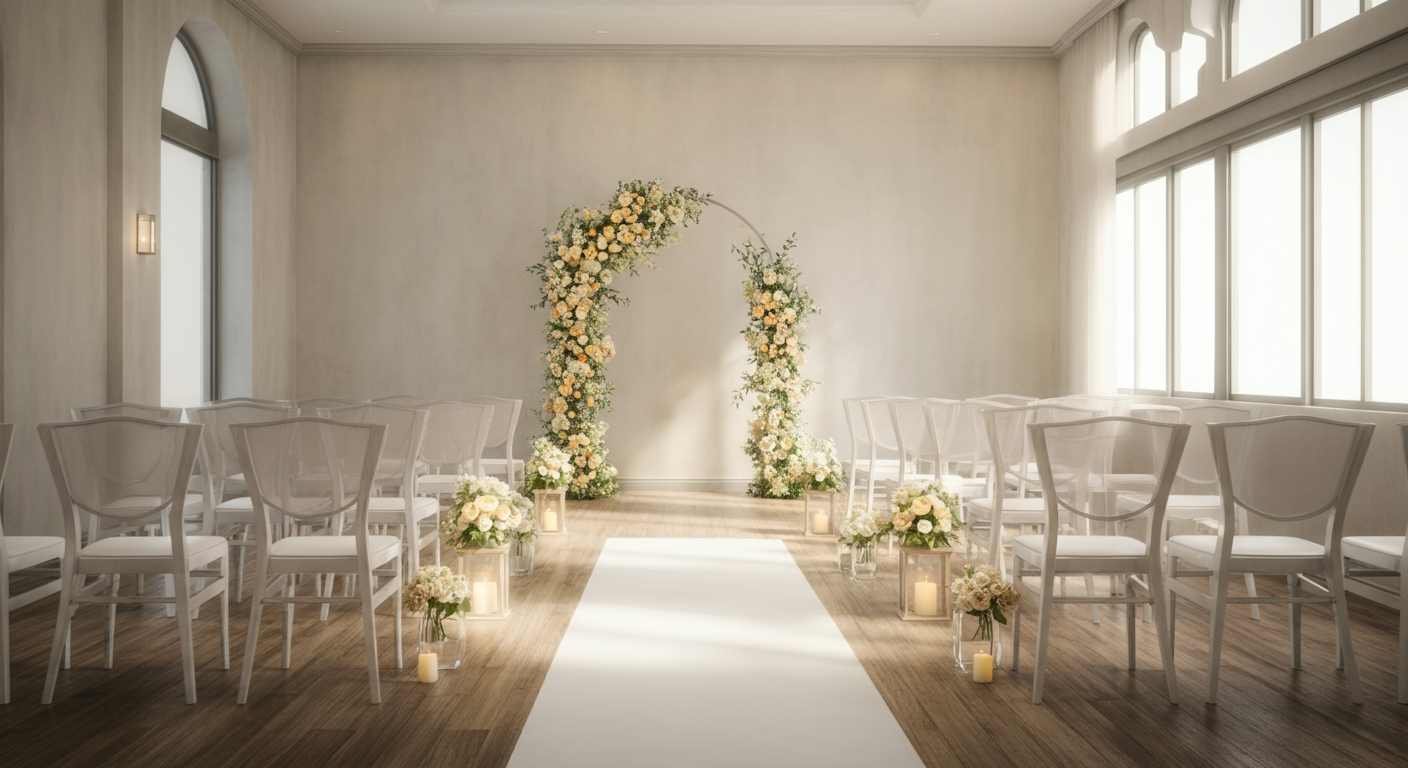 Empty wedding ceremony setup with white chairs, floral arch, candles, and lanterns inside a bright room.