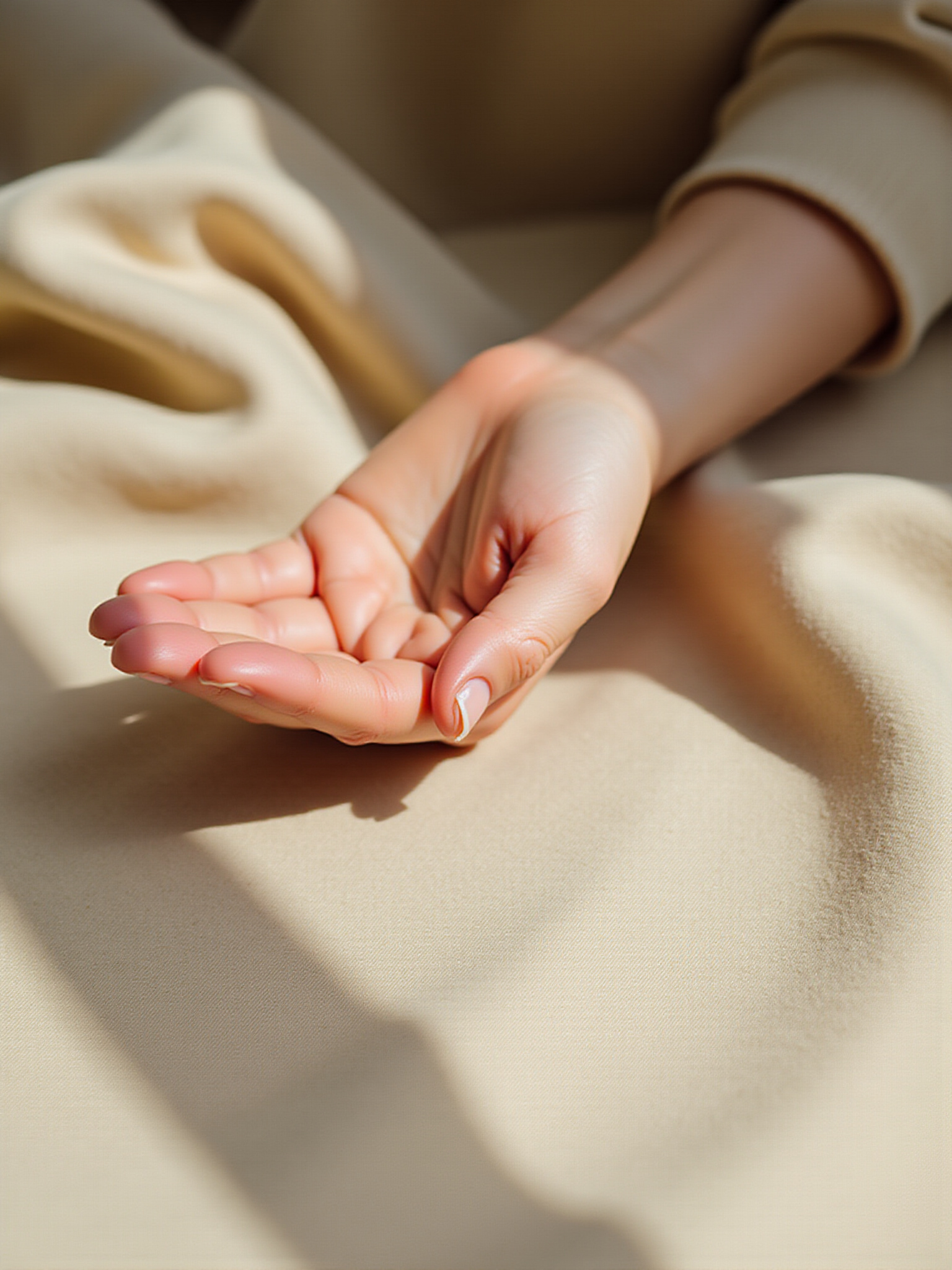 A close-up of a hand with well-manicured nails resting on a smooth, cream-colored fabric.