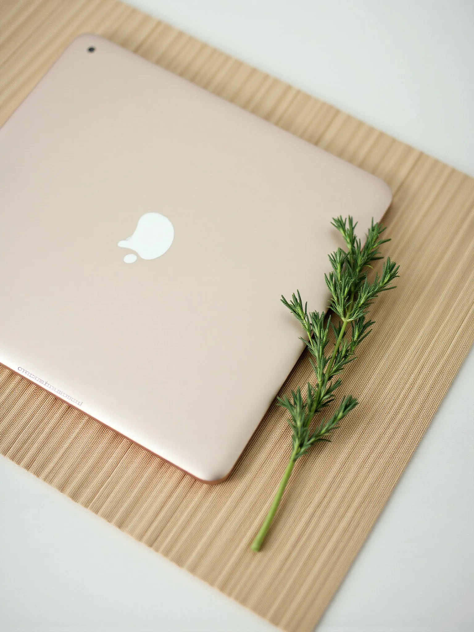 A closed, rose gold MacBook with a white Apple logo, resting on a wooden placemat with a sprig of green herbs beside it.