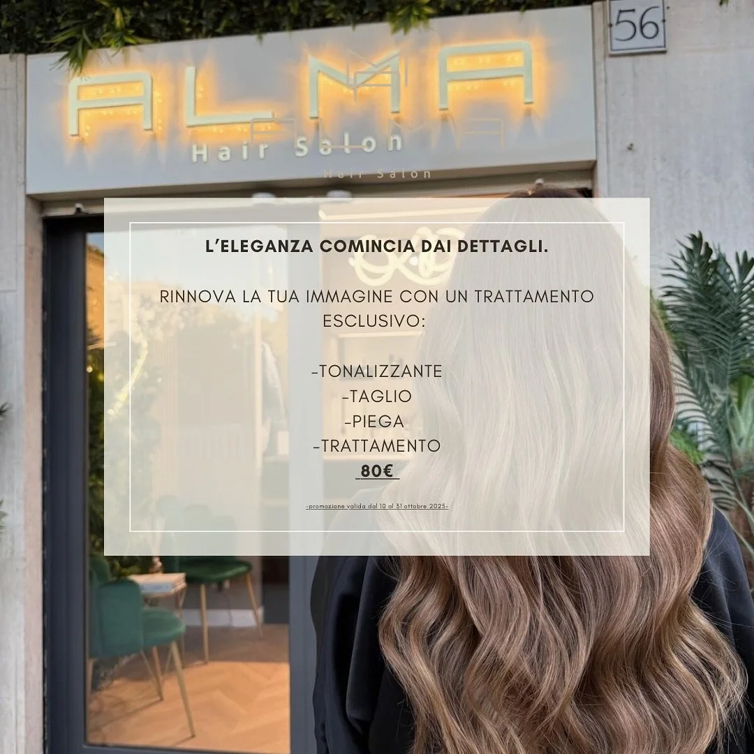 Un&rsquo;esperienza di bellezza, pensata per te. ✨
Tonalizzante &bull; Taglio &bull; Piega &bull; Trattamento

💶 80&euro;
📅 Valida dal 10 al 31 ottobre.

Per appuntamento 3758898150 📲

#almahairsalon #hairsalon #roma #eur #alma #girls #beuty #hair