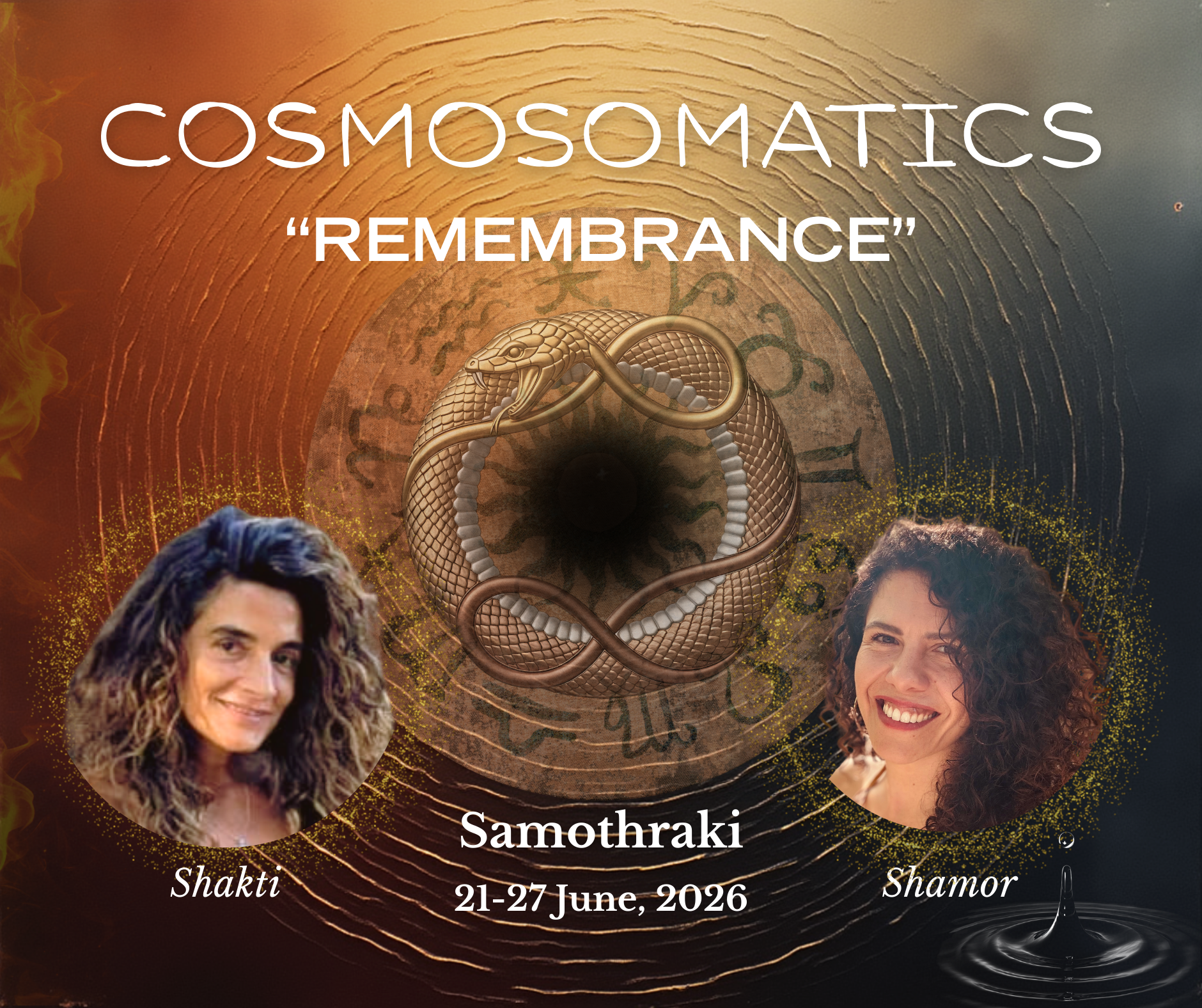 Cosmosomatics retreat artwork with cosmic symbols, serpent imagery, and ceremonial themes.
