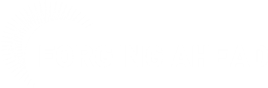 Black background with a white crescent moon logo and the words "FORGING AHEAD" in bold white letters.