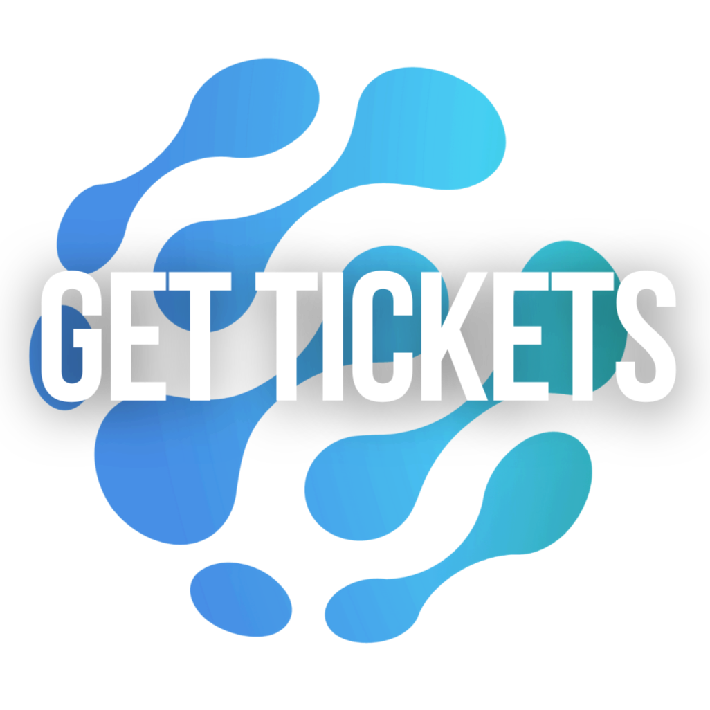 Graphic with blue abstract shapes and the text "GET TICKETS" in bold white letters.