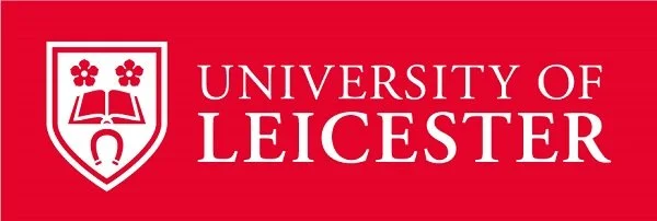University of Leicester logo with shield and open book icon on red background.