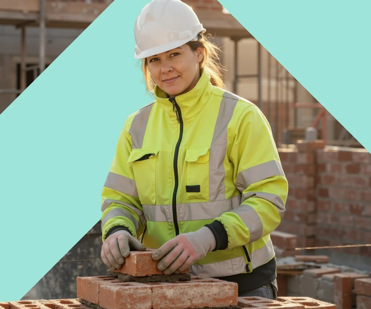 Female construction worker in a yellow safety jacket and white hard hat, placing a brick on a construction site.
