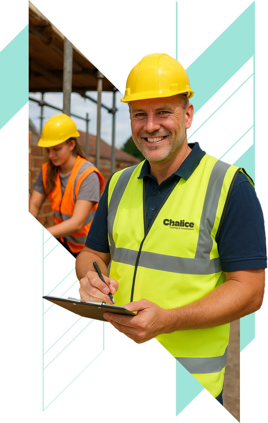 Construction supervisors wearing yellow hard hats and high-visibility vests at a building site, one smiling and holding a clipboard, the other working in the background.