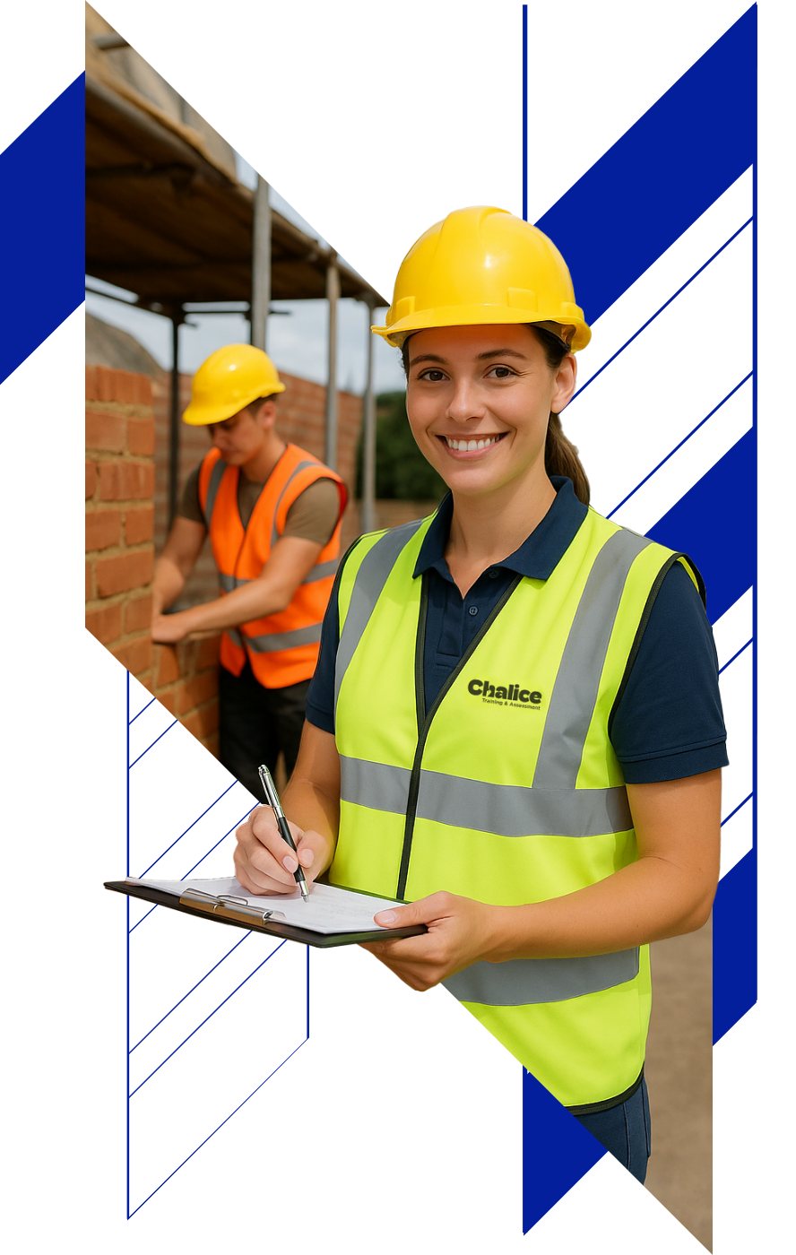 A female construction inspector wearing a yellow safety helmet and a high-visibility vest holding a clipboard and pen, smiling at the camera. In the background, a male worker in a yellow helmet and orange safety vest is working on a brick wall at a construction site.