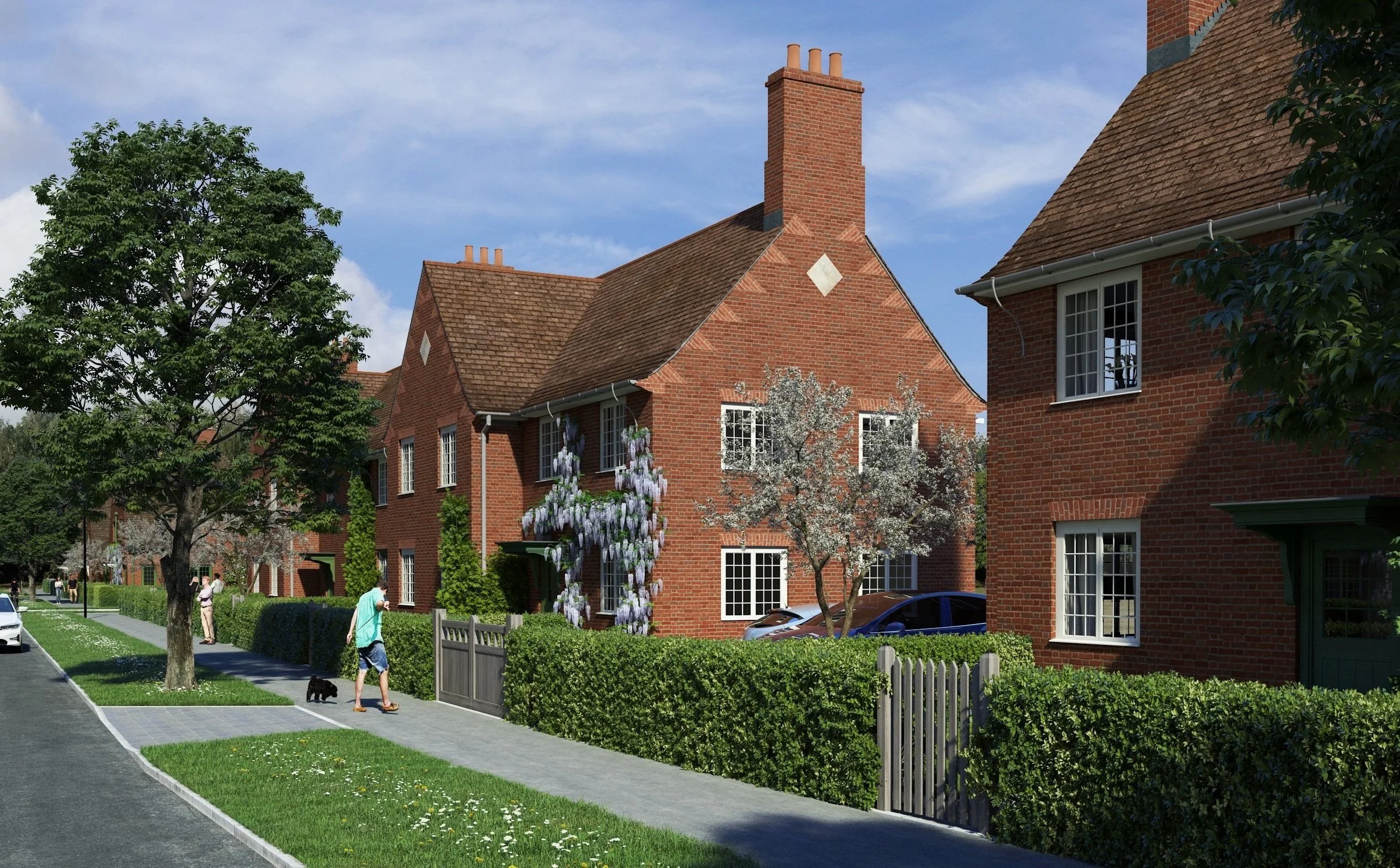 A peaceful residential street lined with brick houses, trees, and well-maintained bushes. People walk on the sidewalk, including a man with a dog. The houses have multiple windows and chimneys, and the sky is partly cloudy.