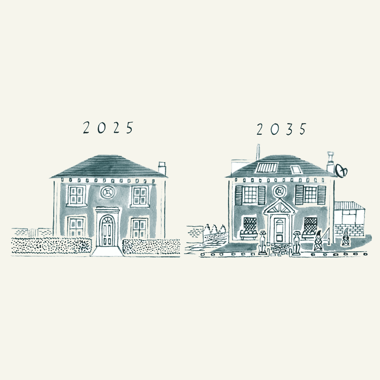 Black and white illustration of two houses, one labeled 2025 and the other 2035, showing the evolution of house designs over time.