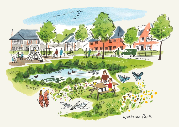 Illustration of Welborne Park with a pond, ducks, butterflies, children and adults enjoying outdoor activities, playground, trees, flowers, and houses in the background.