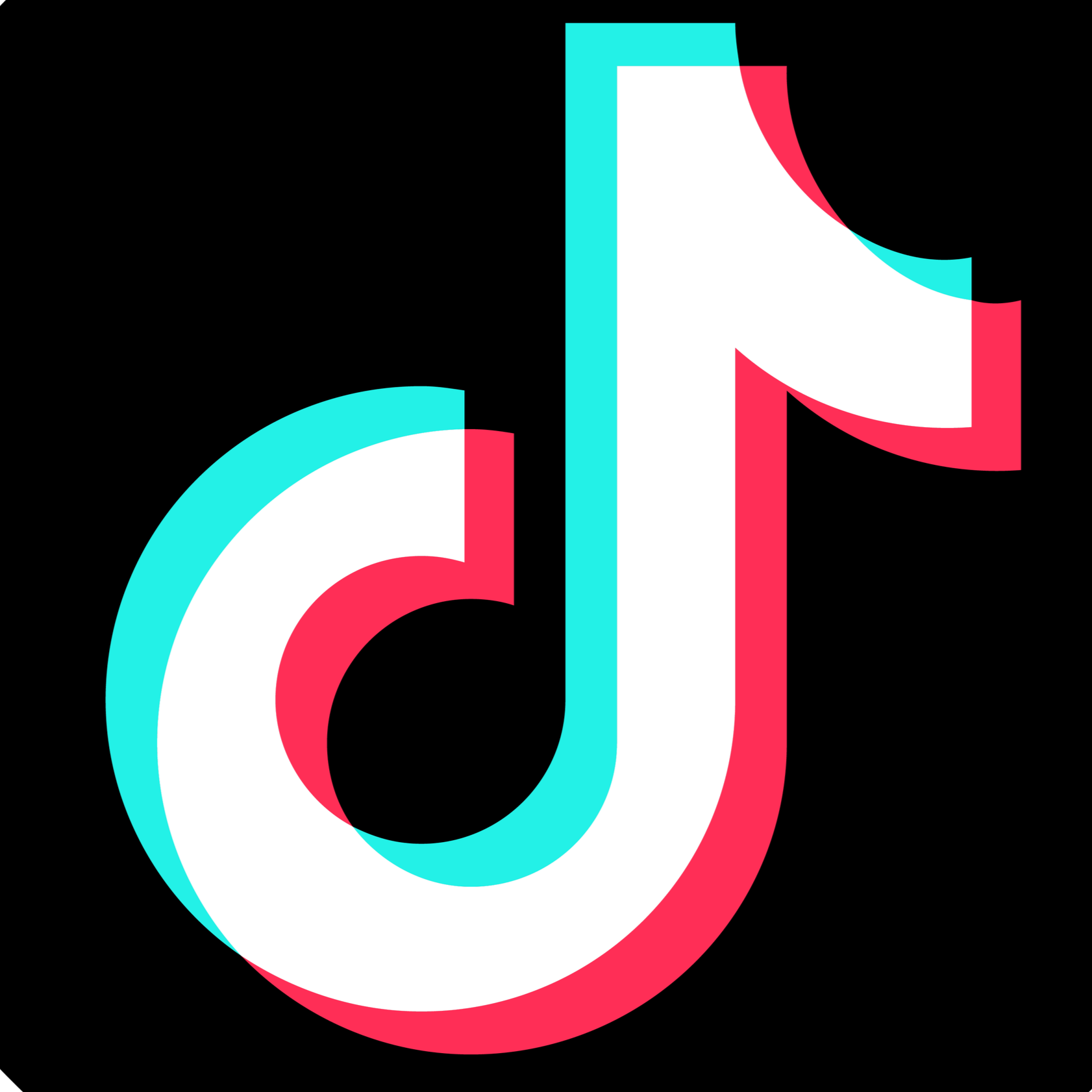 TikTok logo with black background and colorful overlapping shadow effect.