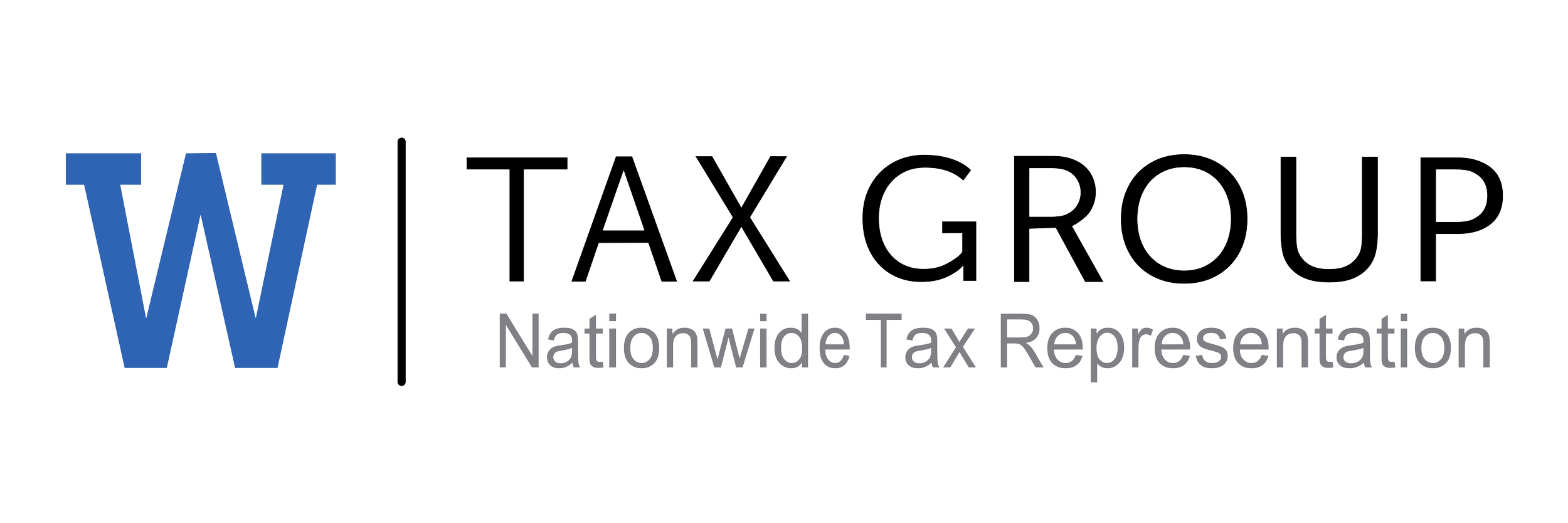 Logo of W Tax Group with blue 'W' and black text, Subtitle 'Nationwide Tax Representation'.