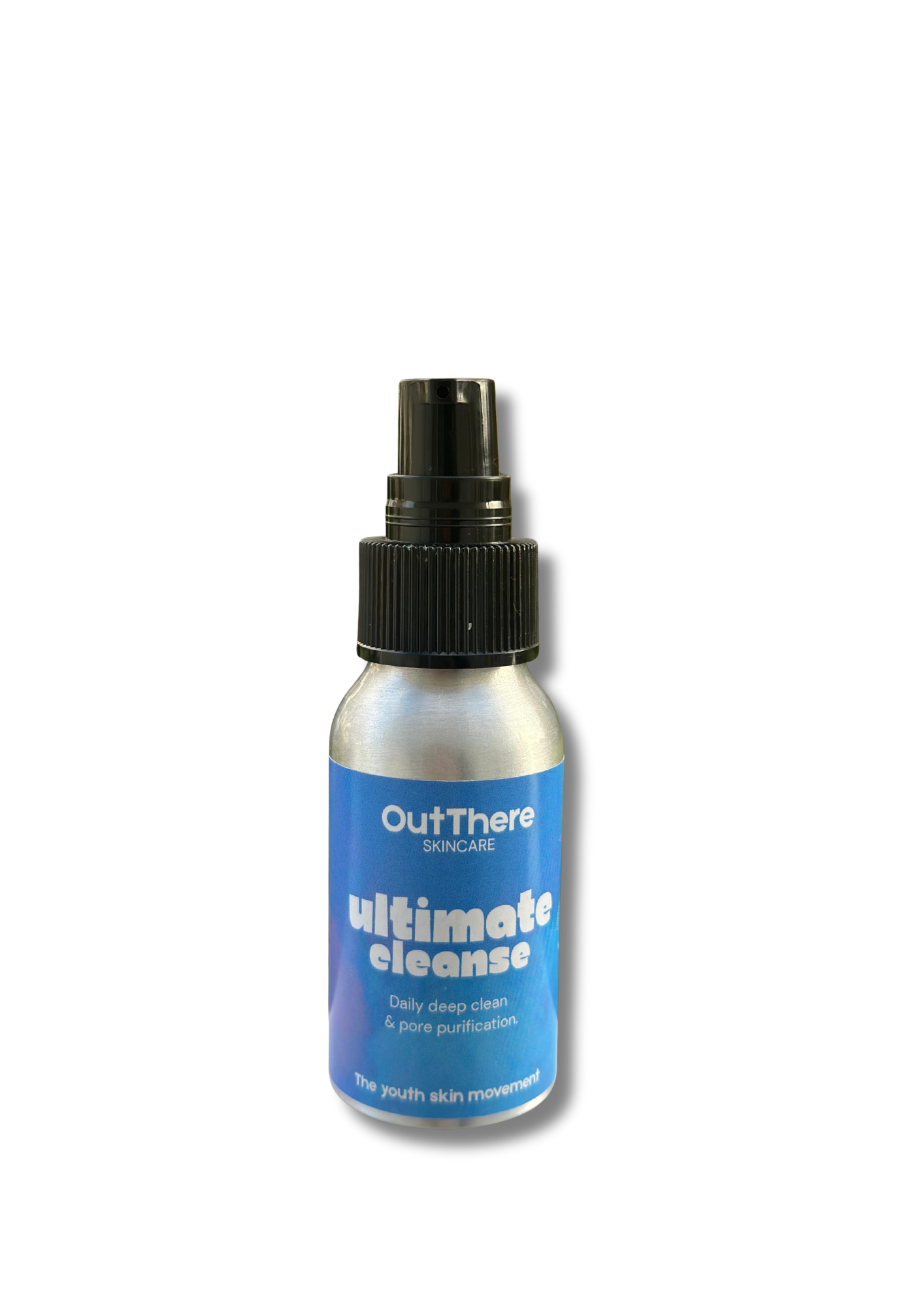 A bottle of OutThere skincare Ultimate Cleanse with a black spray nozzle, blue label, and white text.