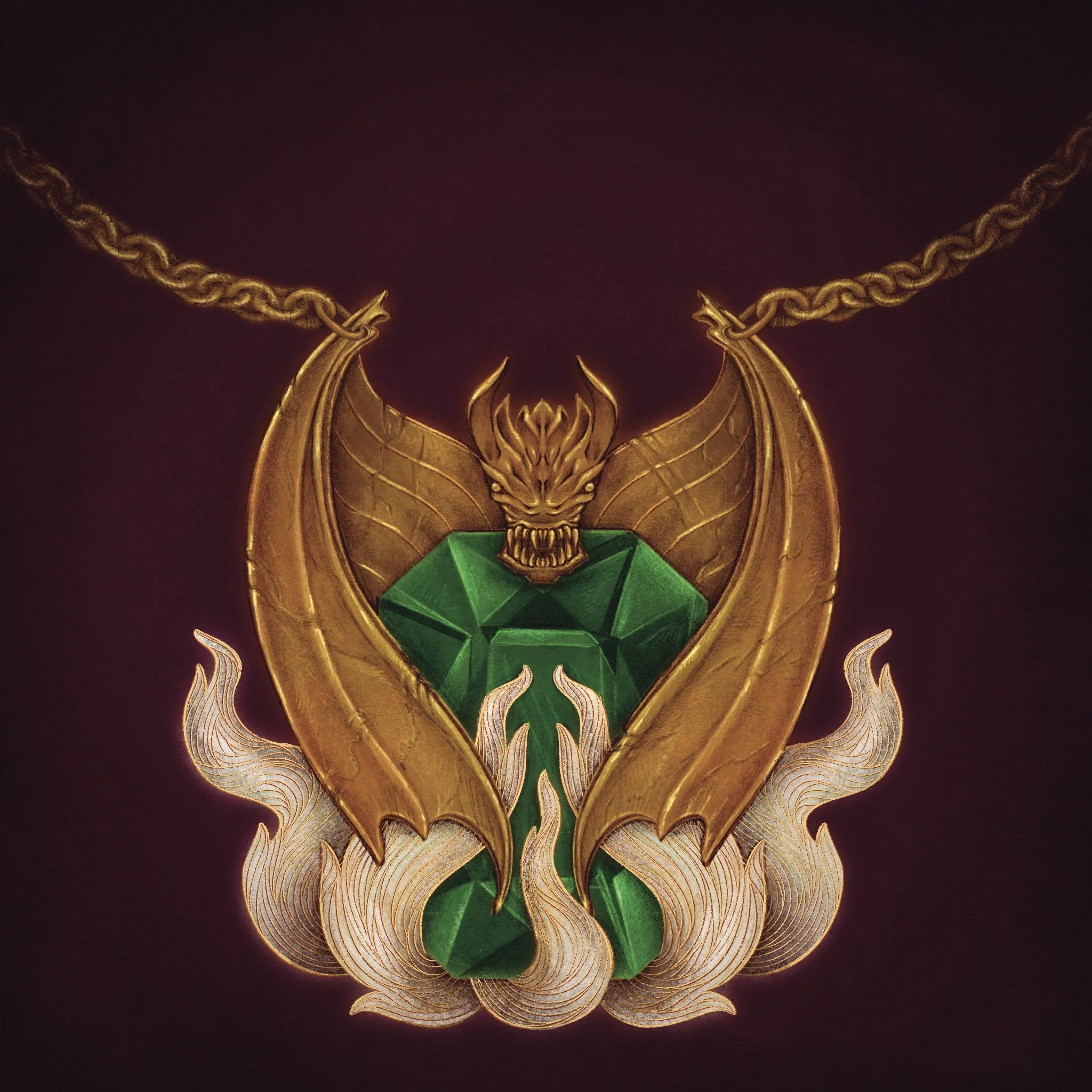 Drachen Kette. 
Schlagworte: Drache, Gold, Mächtig, Symmetrie. 
Aug. 2022. 