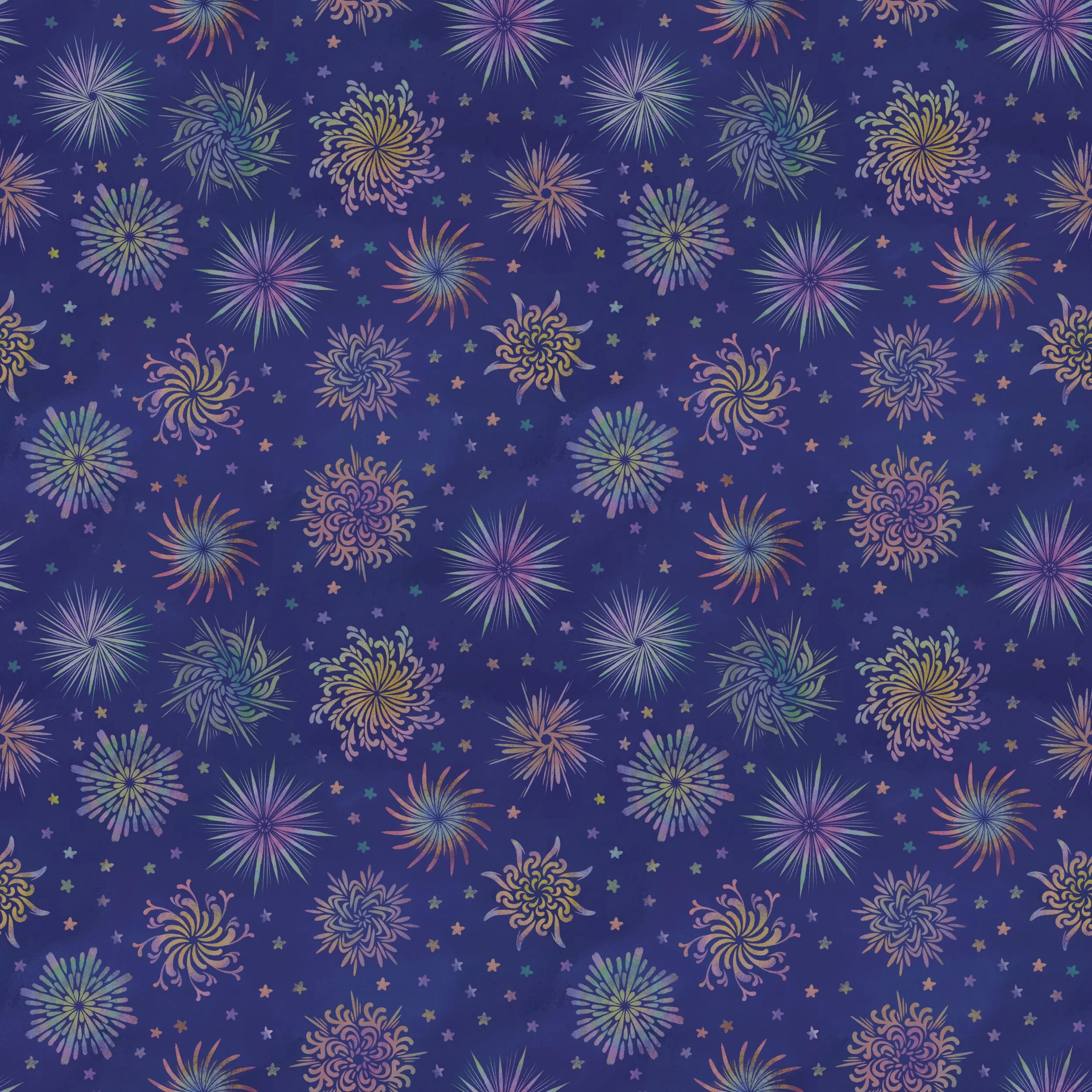 Feuerwerk Muster. 
Schlagworte: Dekorativ, Bunt, Vintage. 
Sep. 2023. 