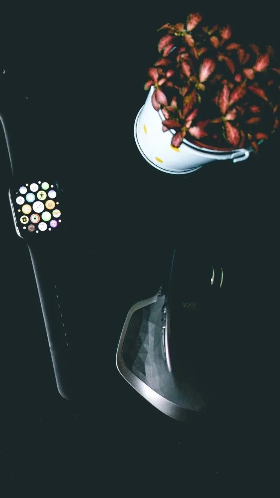 Une montre connectée, une plante en pot avec des feuilles rouges, un ordinateur portable et un téléphone portable sur un bureau noir.