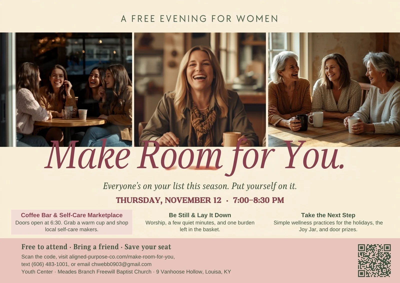 Make Room for You flyer: a free evening for women, Thursday, November 12, 7:00-8:30 PM, Meades Branch Freewill Baptist Church