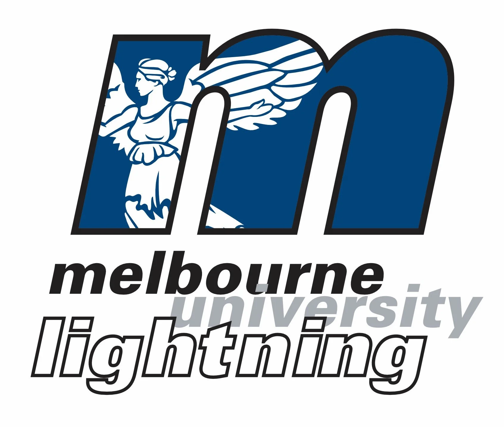 Logo of Melbourne University Lightning with stylized letter 'm' featuring a winged figure, and text 'melbourne university lightning' in black and gray fonts.