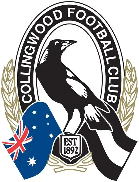 The logo of the Collingwood Football Club features a black and white magpie perched on a branch, with a shield displaying the Australian flag and a badge with 'EST 1892'. The logo is surrounded by a laurel wreath and the club name.