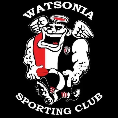 A cartoon character with a halo, angel wings, and muscular arms, wearing sports attire, with the text 'WATSONIA SPORTING CLUB' above and below.