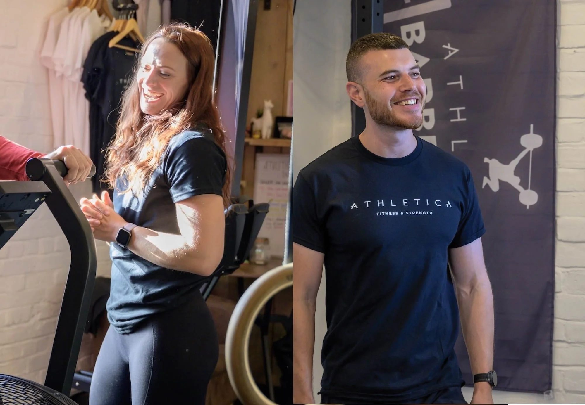 A woman and a man in a gym, both smiling. The woman is running on a treadmill, and the man is standing near a wall with a fitness banner, wearing a black athletic shirt with the word 'ATHLETICA' and 'FITNESS & STRENGTH' written on it.