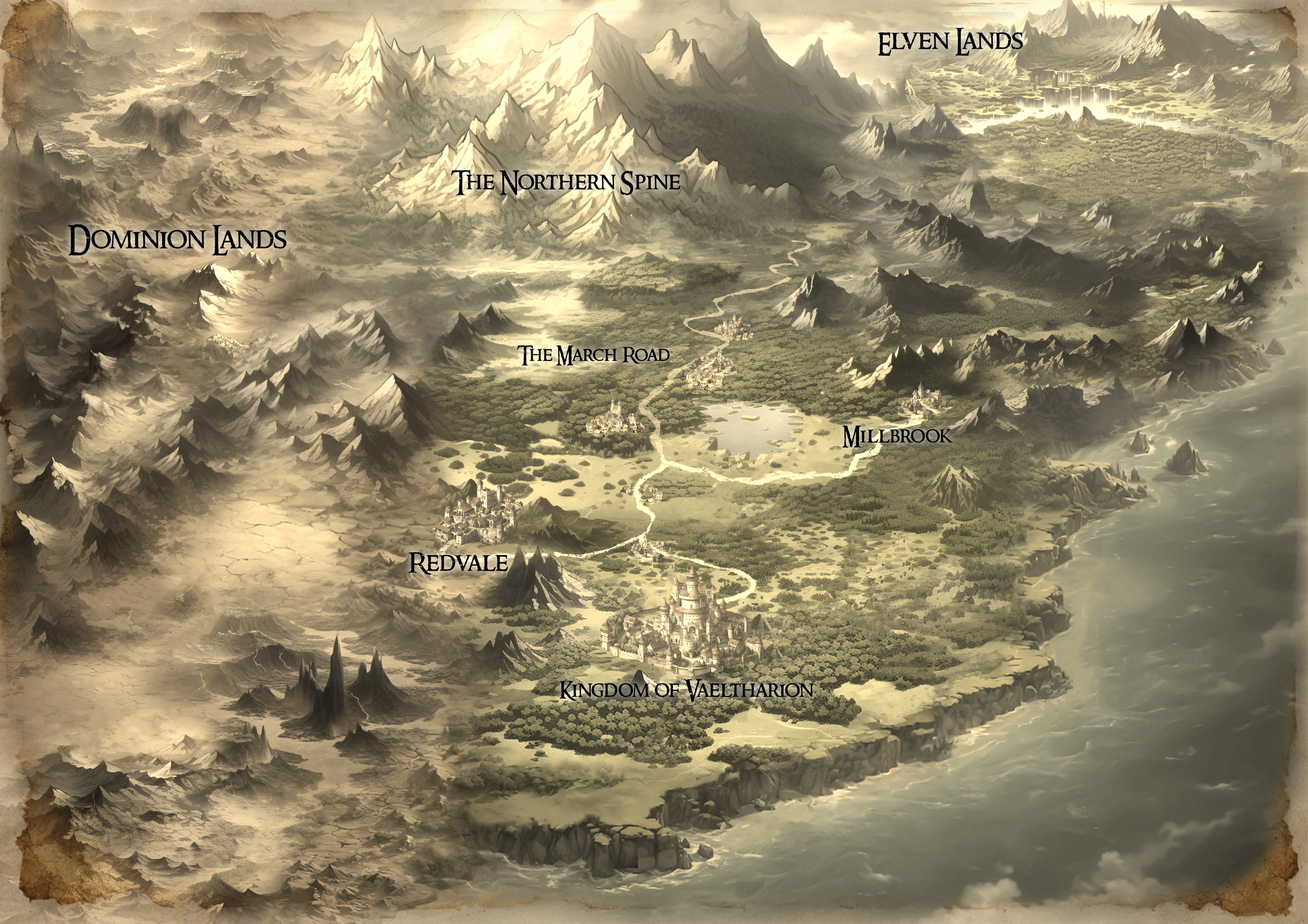 Map of the world of Vaeltharion. Including the Kingdom of Vaeltharion, Redvale, Millbrook, The March Road, The Northern Spine, Elven Lands, and Dominion Lands