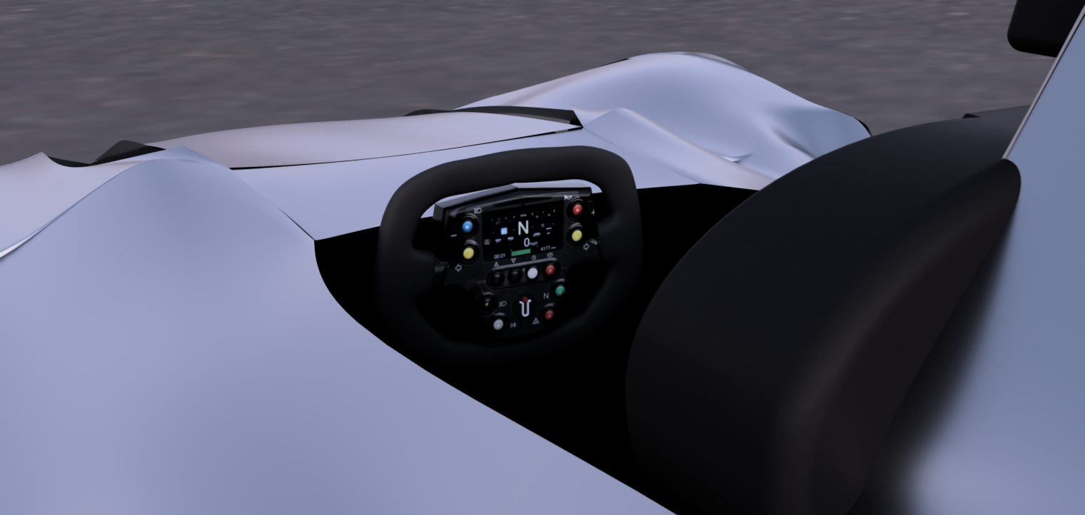 Close-up of a racing car's steering wheel and dashboard, showing various controls and a digital display.