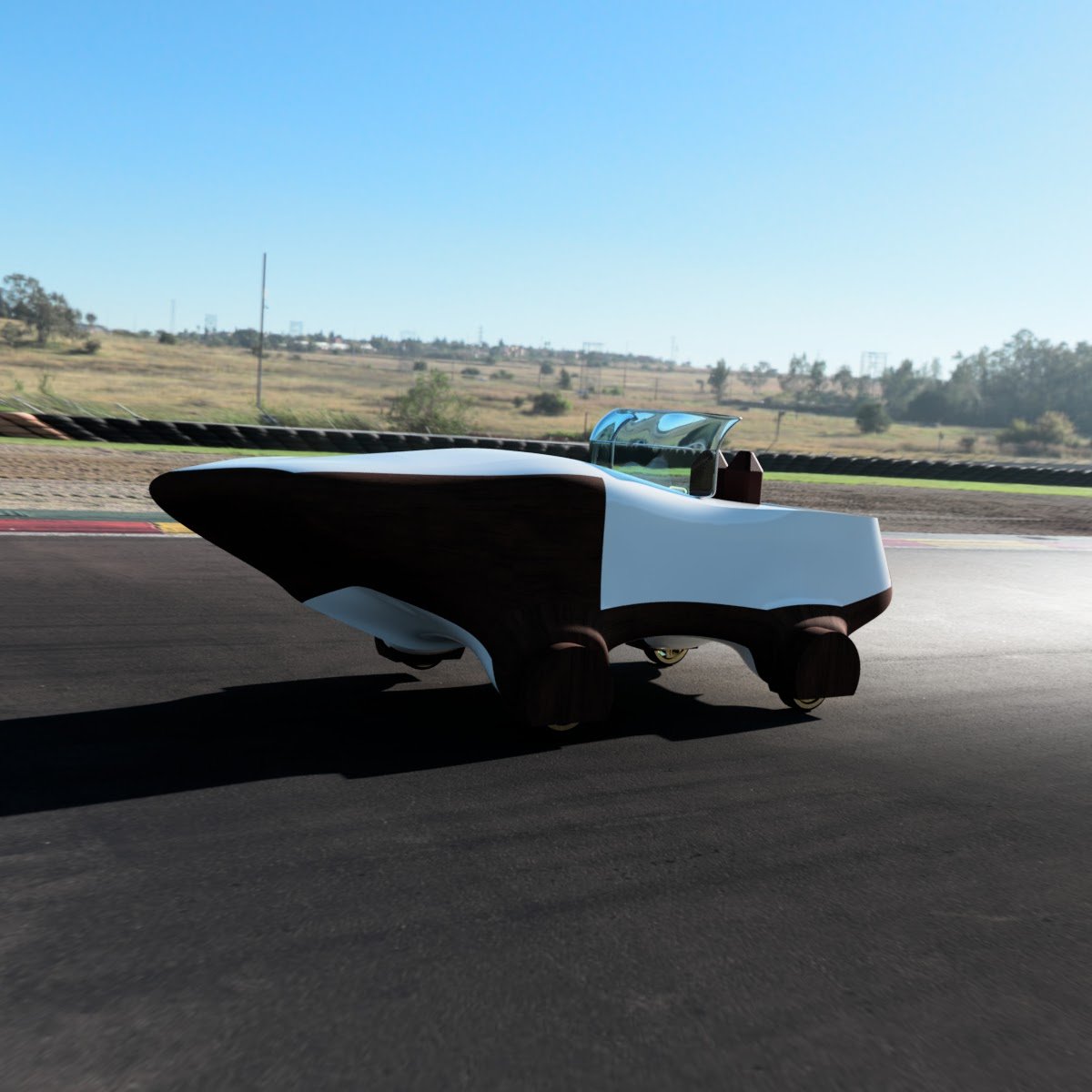 A futuristic autonomous car designed to look like a spaceship, with a sleek, aerodynamically shaped body and a transparent canopy, on a race track.