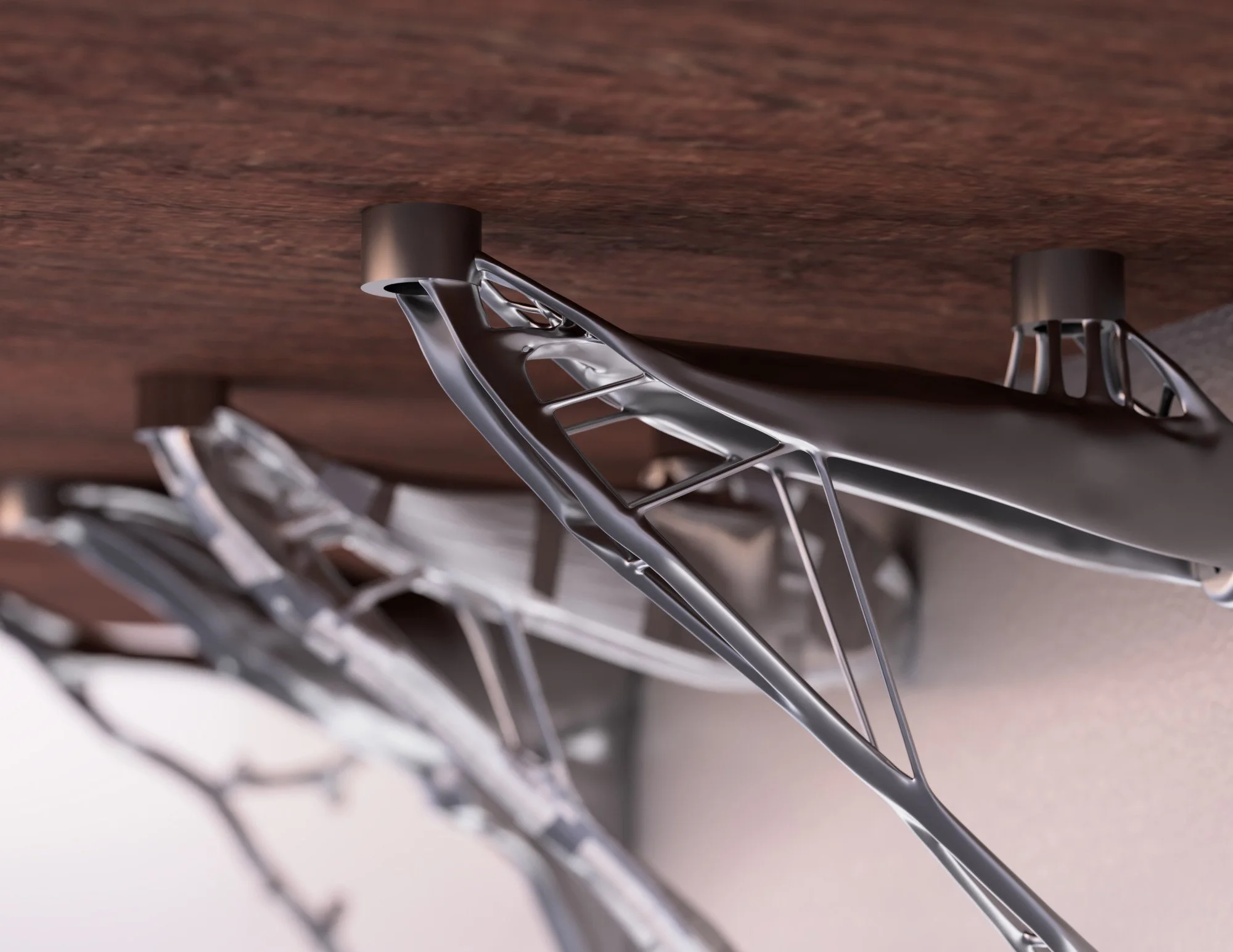 Multiple skateboard decks with metal trucks are mounted upside down on a wooden ceiling.