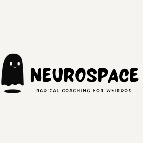 Logo for NeuroSpace featuring a cartoon ghost character and the text "NEUROSPACE" with the tagline "RADICAL COACHING FOR WEIRDOS."