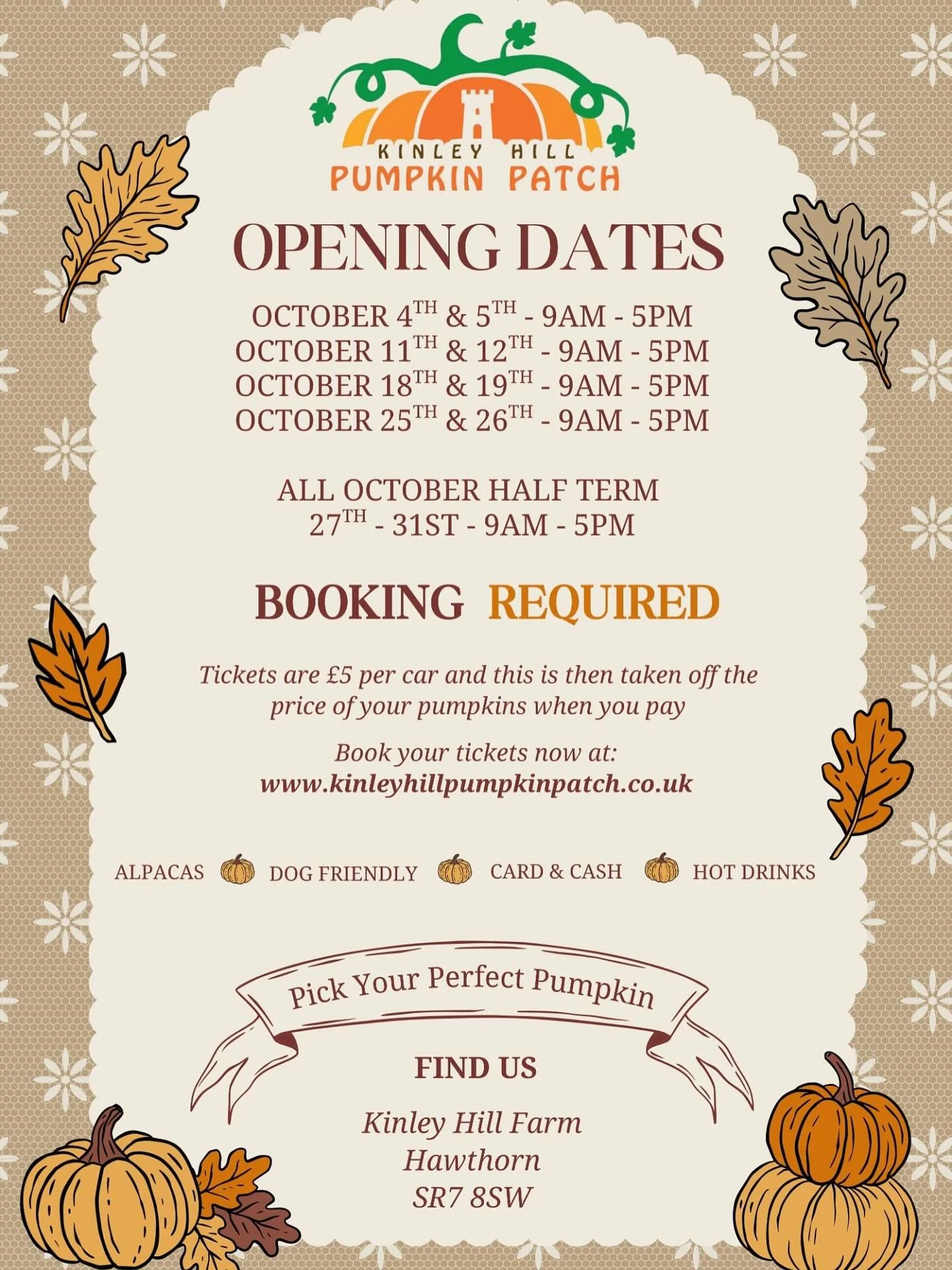 🎃 OCTOBER 2025 DATES! 🎃

We&rsquo;re baaaaaack - and we&rsquo;re SO EXCITED! Please note this year we are having to incorporate a booking system - tickets are simply &pound;5 per car and this is then taken off the price of your pumpkins. 

To book 