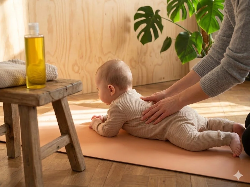 Baby ligt ontspannen op de buik op een oefenmat tijdens babymassage en babygymnastiek in Gent, begeleid door een ouder in een rustige praktijkruimte.